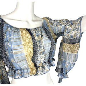 Vintage Sheer BOHO Crop Top, Butterfly sleeves, Large, Boat neck, floral
